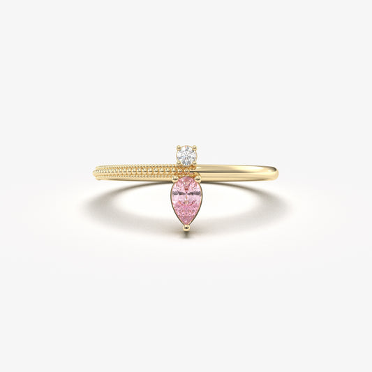 18K Gold Pear Cut Pink and Cz Ring - 2S294PNK