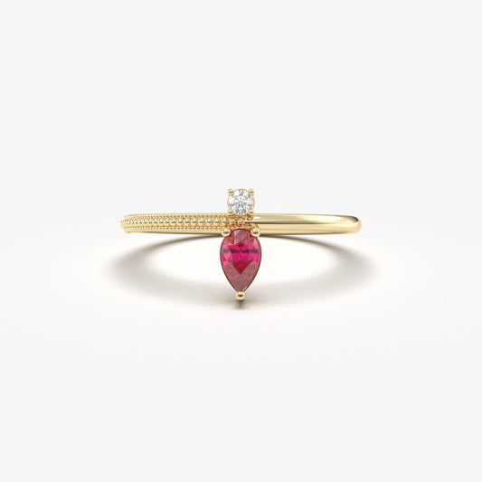 18K Gold Pear Cut Ruby and Cz Ring - 2S294RBY