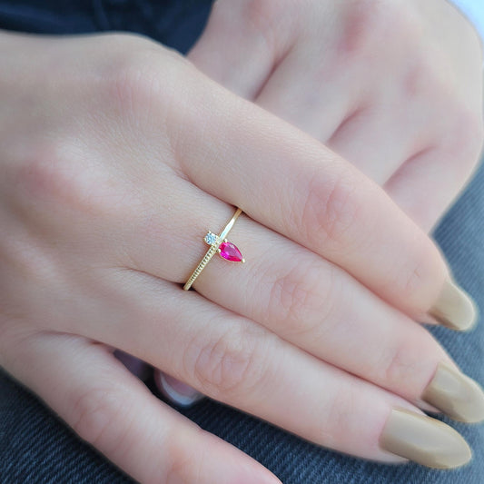 18K Gold Pear Cut Ruby and Cz Ring - 2S294RBY