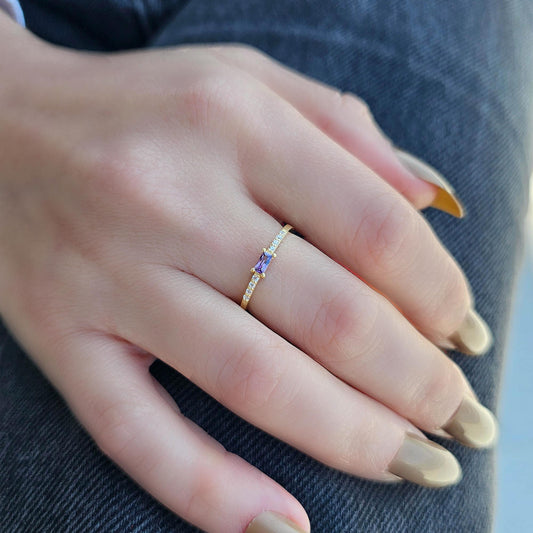 18K Gold Baguette Amethsyt and CZ Ring - 2S2AME