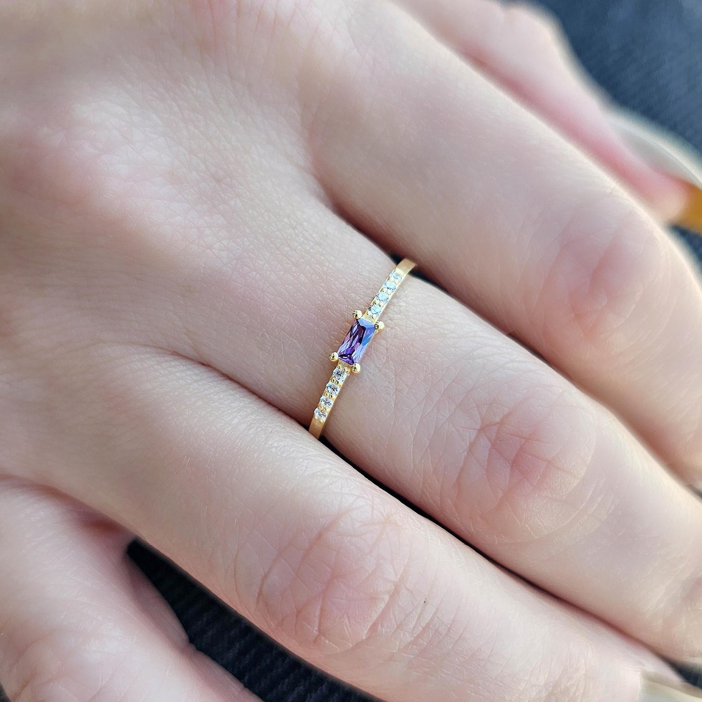 18K Gold Baguette Amethsyt and CZ Ring - 2S2AME