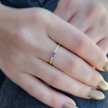 18K Gold Baguette Amethsyt and CZ Ring - 2S2AME