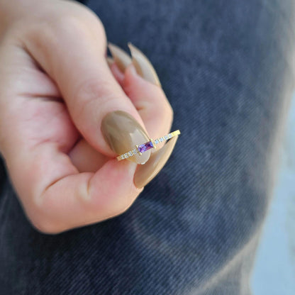 18K Gold Baguette Amethsyt and CZ Ring - 2S2AME