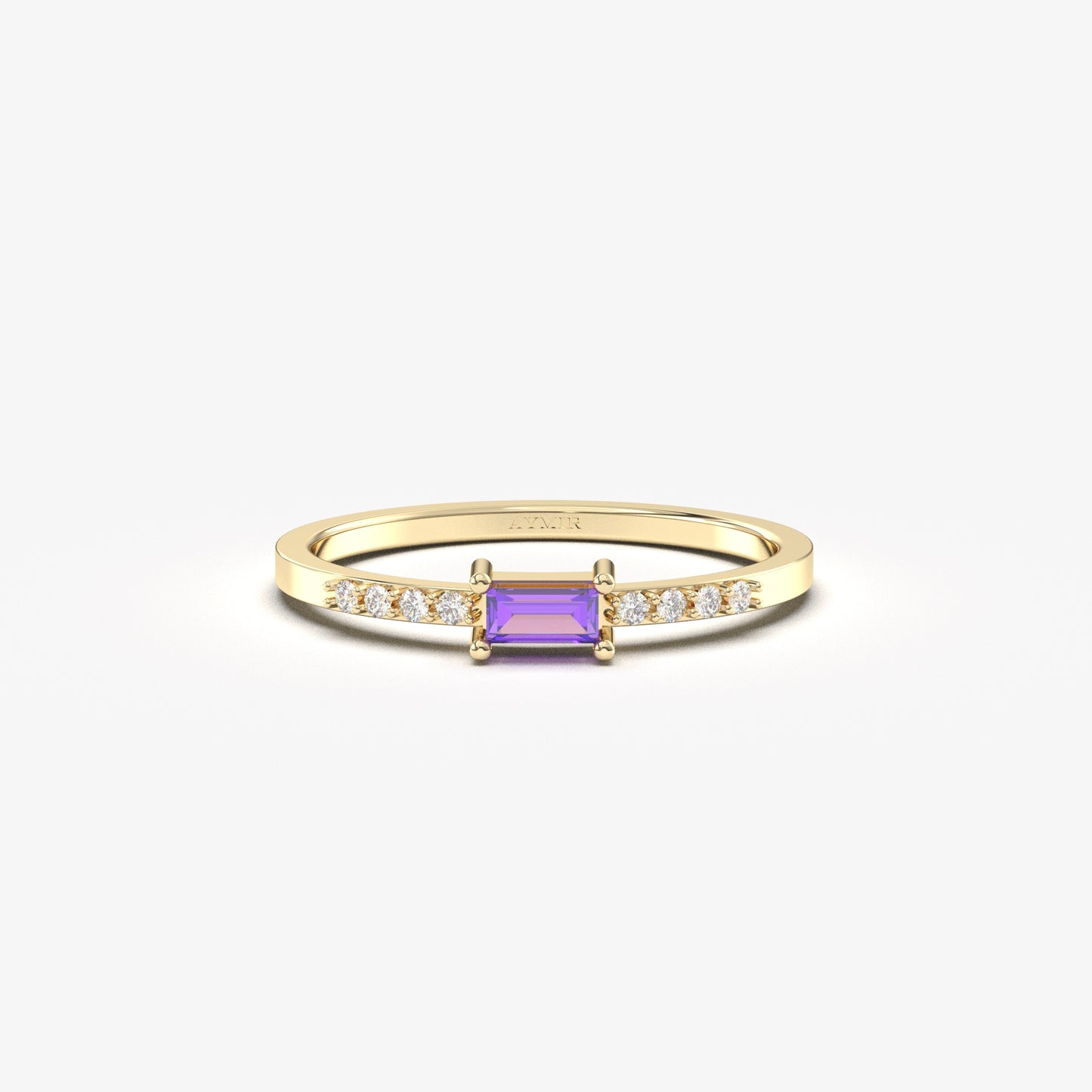 18K Gold Baguette Amethsyt and CZ Ring - 2S2AME
