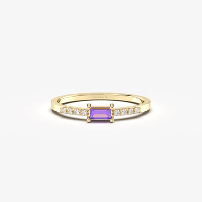 18K Gold Baguette Amethsyt and CZ Ring - 2S2AME