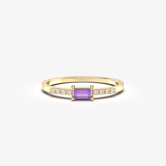 18K Gold Baguette Amethsyt and CZ Ring - 2S2AME