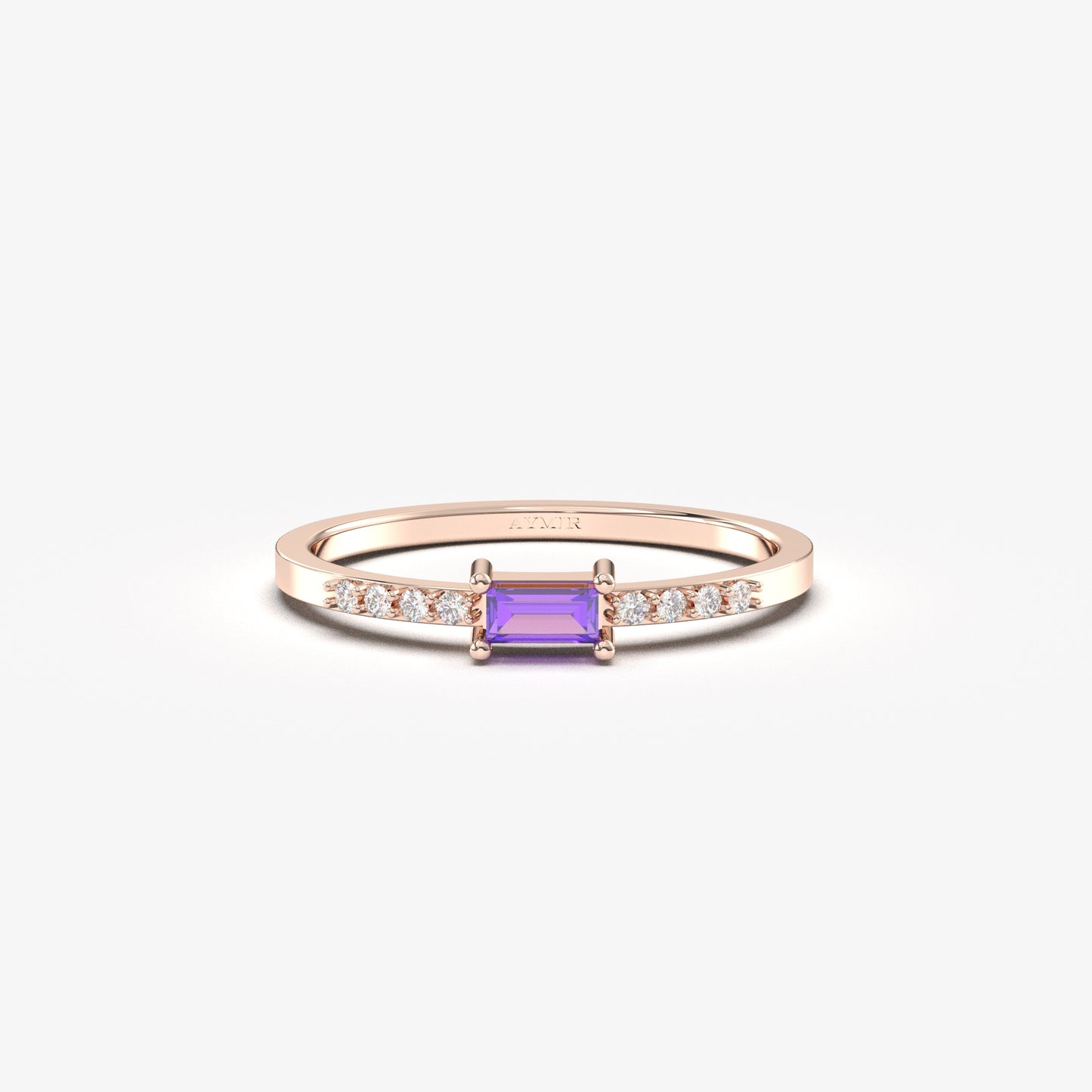 18K Gold Baguette Amethsyt and CZ Ring - 2S2AME