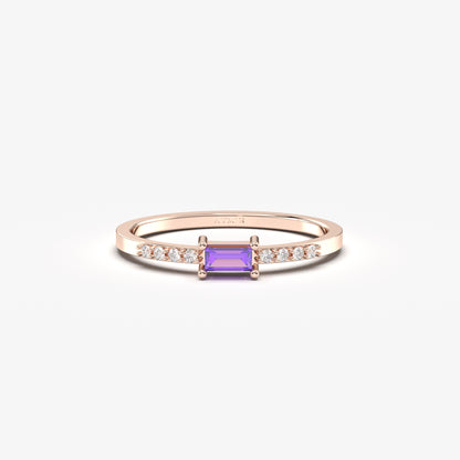 18K Gold Baguette Amethsyt and CZ Ring - 2S2AME