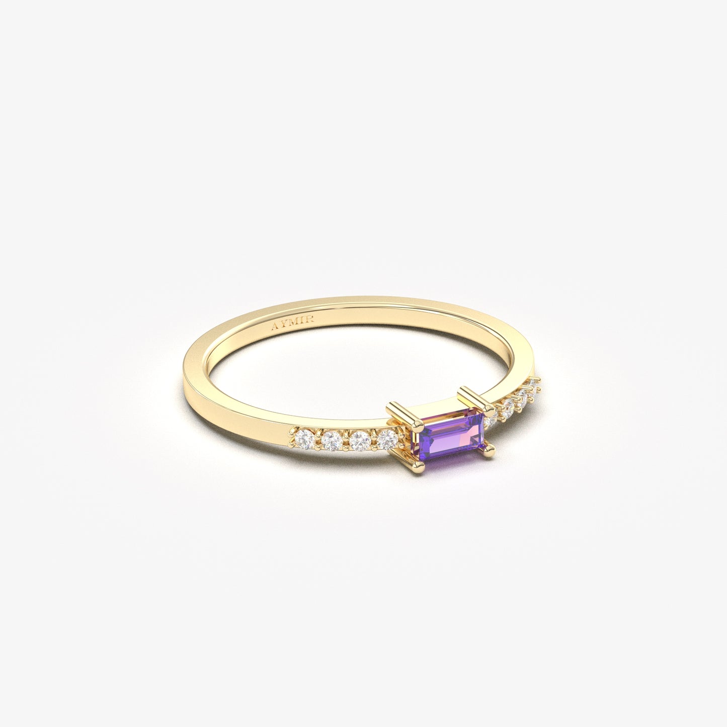 18K Gold Baguette Amethsyt and CZ Ring - 2S2AME