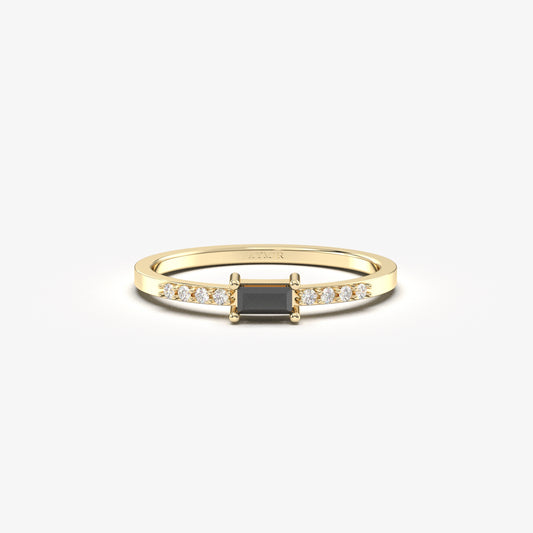 18K Gold Baguette Cut Black Onyx and Cz Ring - 2S2BLK