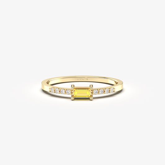 18K Gold Baguette Cut Citrine and Cz Ring - 2S2CIT