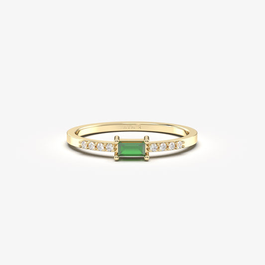 18K Gold Emerald Baguette  and Cz Ring - 2S2EME