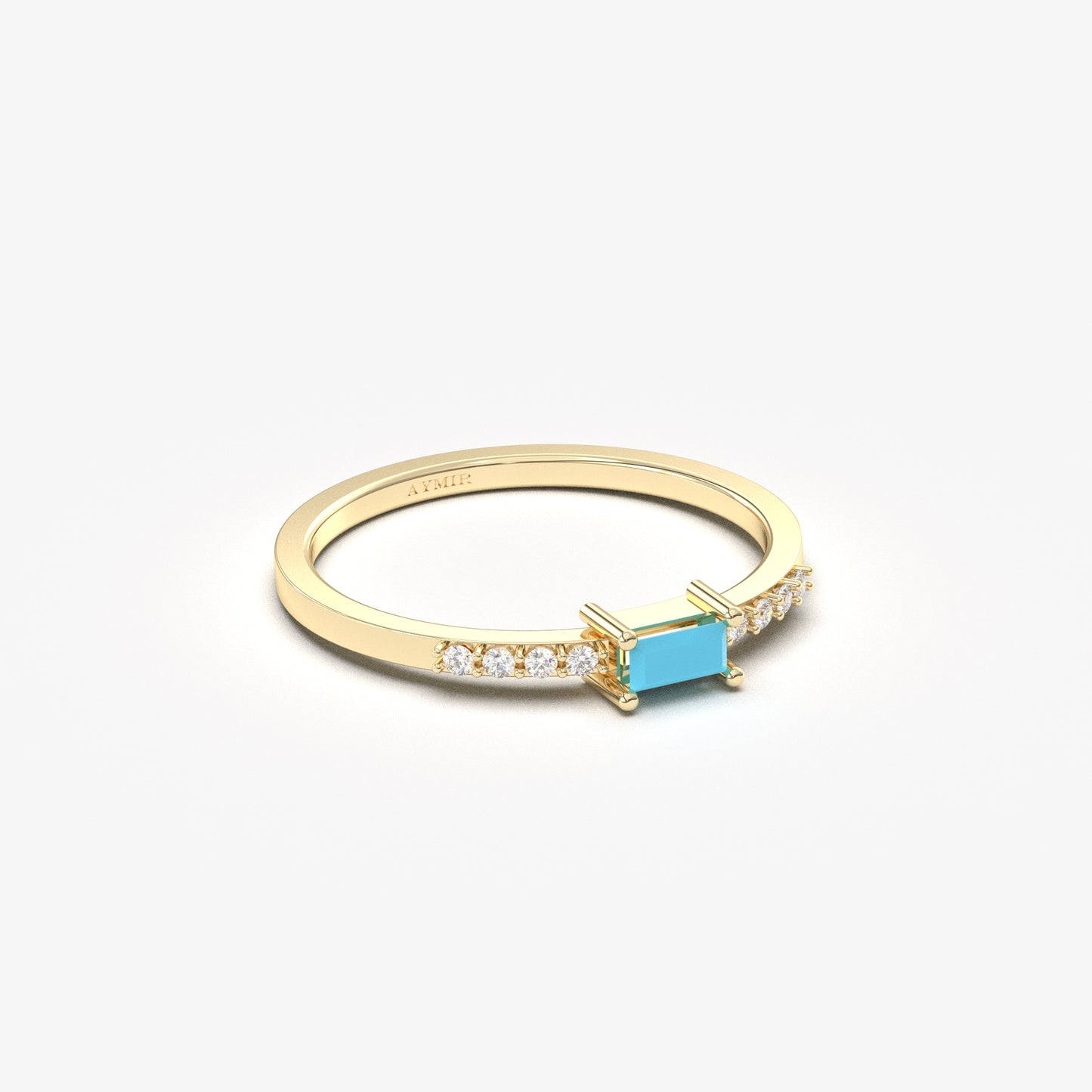 14K Gold Minimalist Baguette Turquoise and Diamond Ring - 2S2TURQ