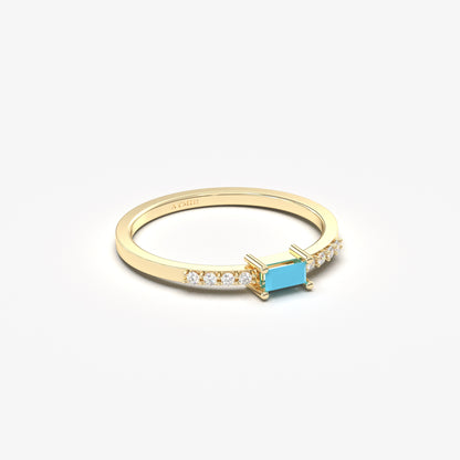 14K Gold Minimalist Baguette Turquoise and Diamond Ring - 2S2TURQ