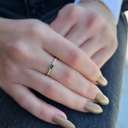 18K Gold Emerald Baguette  and Cz Ring - 2S2EME