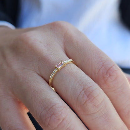 10K Gold Baguette Pink Topaz and Cz Ring - 2S2PNK