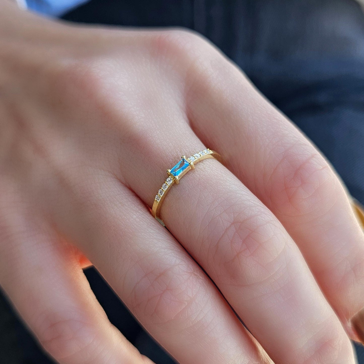 10K Gold Minimalist Baguette Sky Blue and Cz Ring - 2S2SKY
