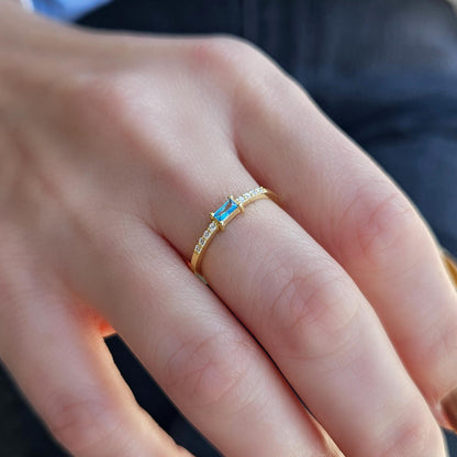 10K Gold Minimalist Baguette Sky Blue and Cz Ring - 2S2SKY