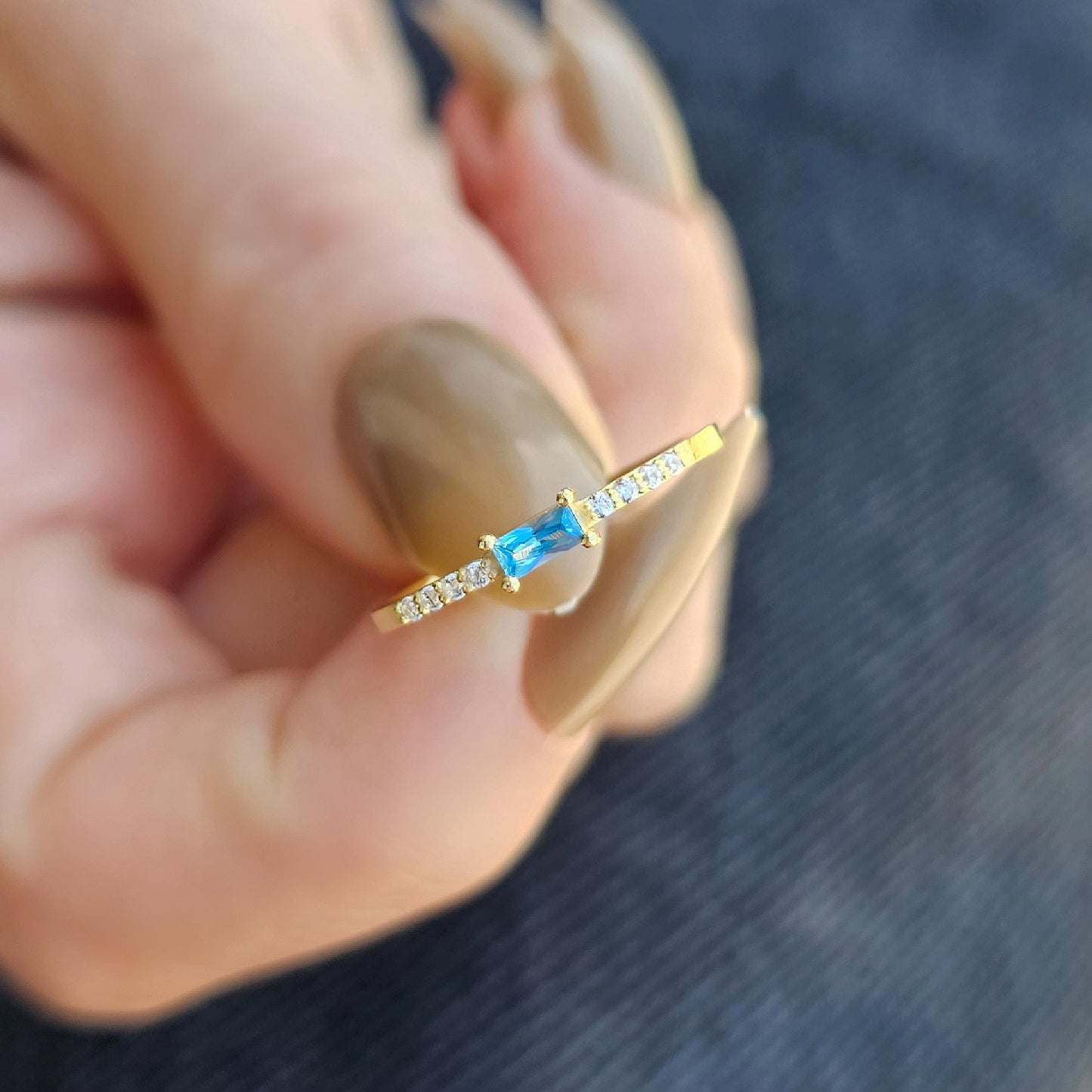 10K Gold Minimalist Baguette Sky Blue and Cz Ring - 2S2SKY