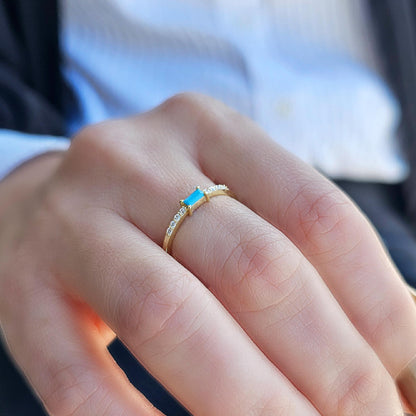 14K Gold Minimalist Baguette Turquoise and Diamond Ring - 2S2TURQ