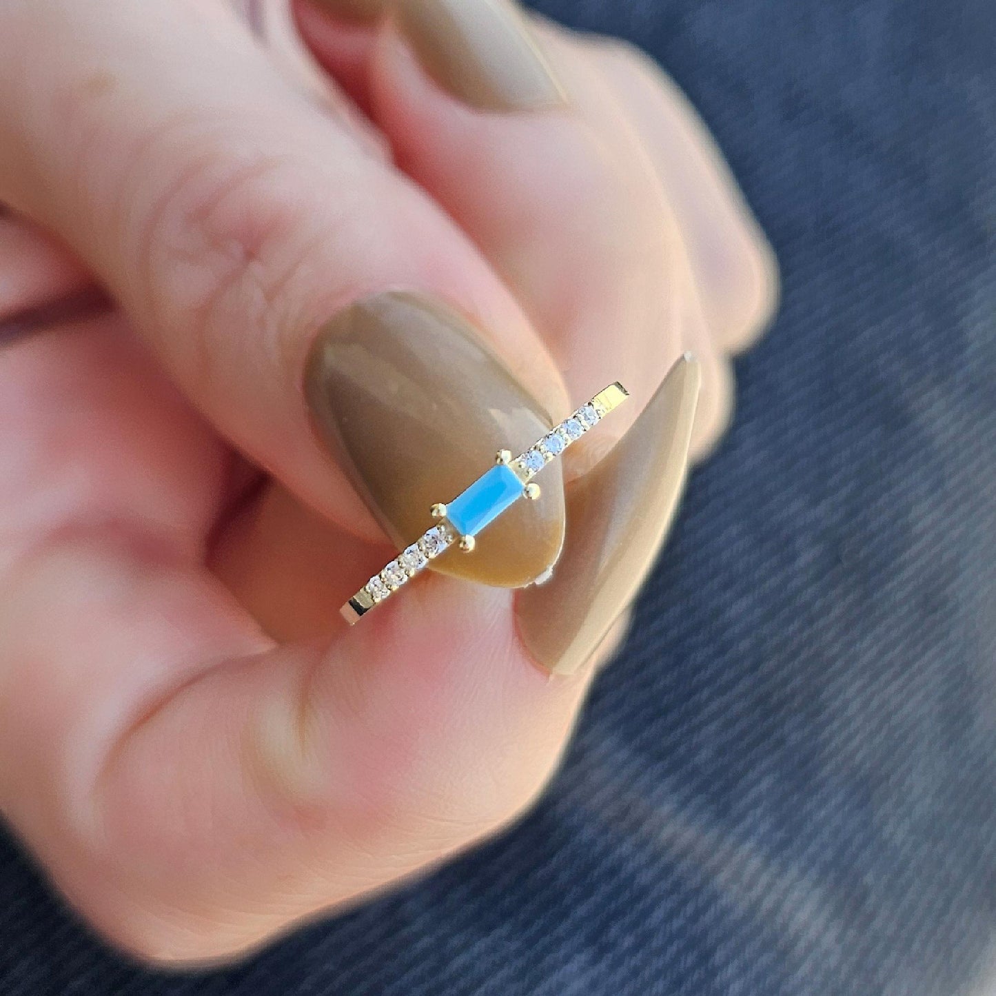 14K Gold Minimalist Baguette Turquoise and Diamond Ring - 2S2TURQ