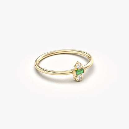 18K Gold Baguette Cut Emerald and Cz Ring - 2S35EME