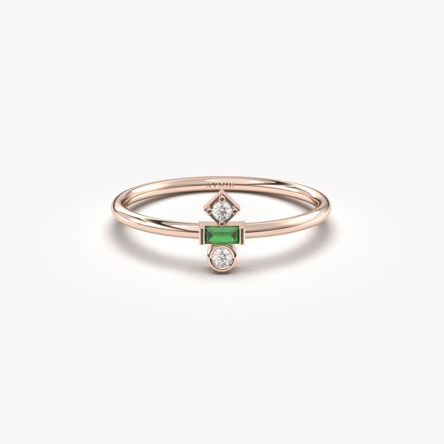 18K Gold Baguette Cut Emerald and Cz Ring - 2S35EME