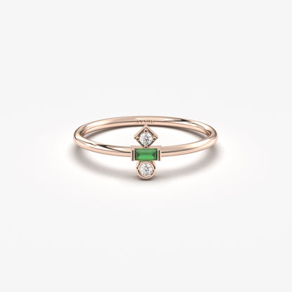 18K Gold Baguette Cut Emerald and Cz Ring - 2S35EME