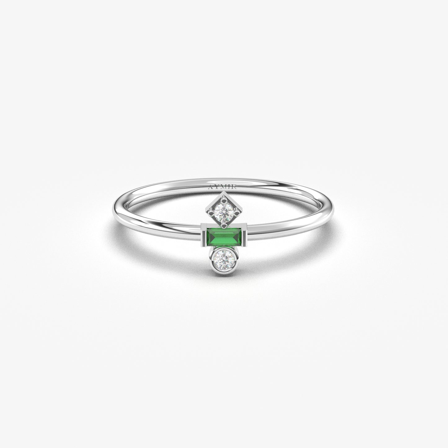 18K Gold Baguette Cut Emerald and Cz Ring - 2S35EME