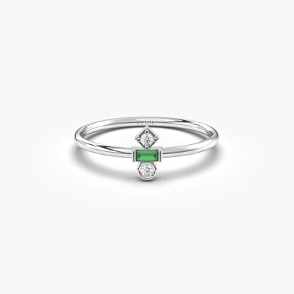 18K Gold Baguette Cut Emerald and Cz Ring - 2S35EME
