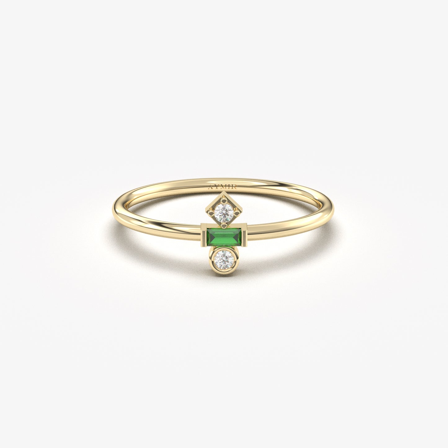 18K Gold Baguette Cut Emerald and Cz Ring - 2S35EME