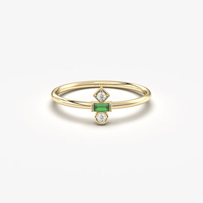 18K Gold Baguette Cut Emerald and Cz Ring - 2S35EME