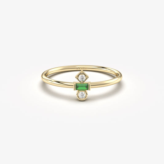 18K Gold Baguette Cut Emerald and Cz Ring - 2S35EME