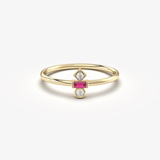 18K Gold Baguette Cut Ruby and Cz Ring - 2S35RBY