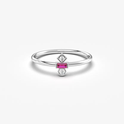 18K Gold Baguette Cut Ruby and Cz Ring - 2S35RBY
