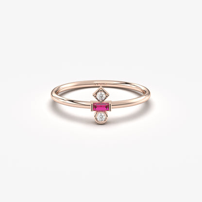 18K Gold Baguette Cut Ruby and Cz Ring - 2S35RBY