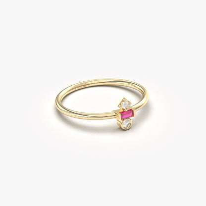 18K Gold Baguette Cut Ruby and Cz Ring - 2S35RBY