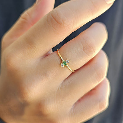18K Gold Baguette Cut Emerald and Cz Ring - 2S35EME