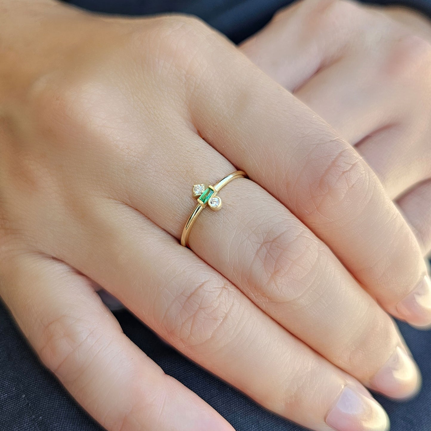 18K Gold Baguette Cut Emerald and Cz Ring - 2S35EME