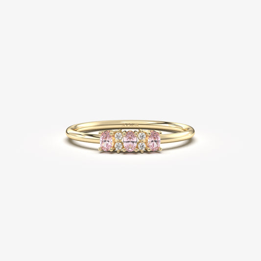 18K Gold Minimalist Oval Pink and Diamond Ring - 2S46PNK