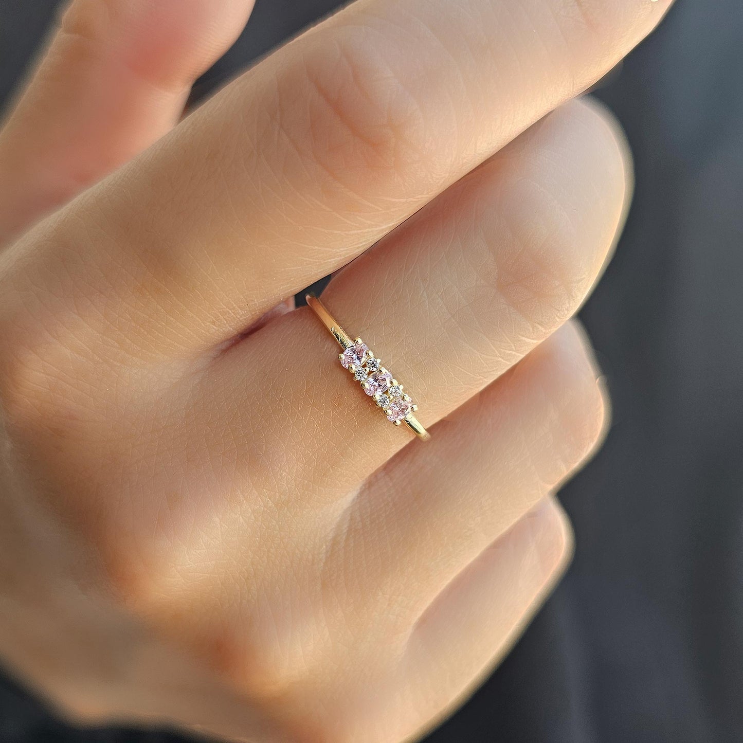 18K Gold Minimalist Oval Pink and Diamond Ring - 2S46PNK