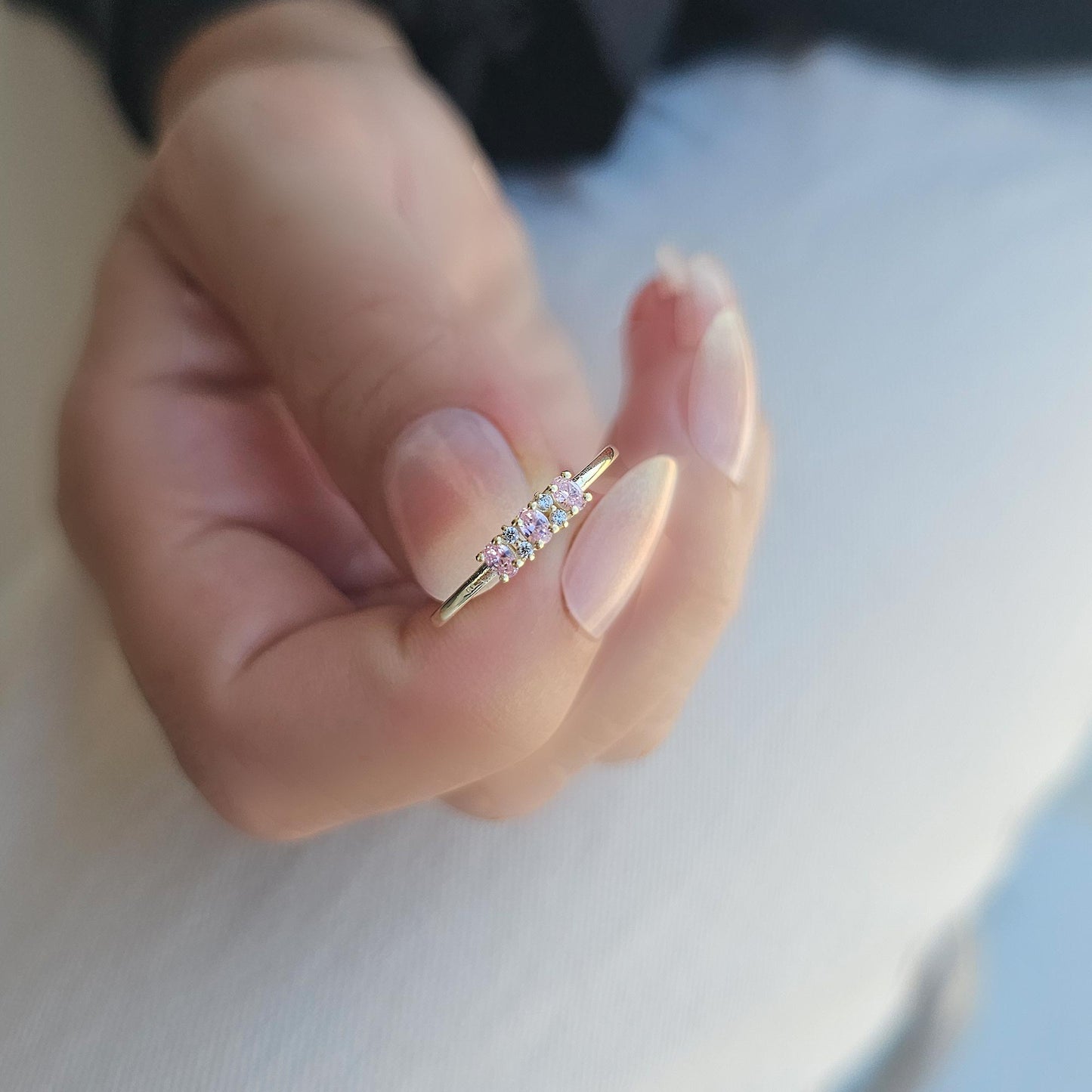 18K Gold Minimalist Oval Pink and Diamond Ring - 2S46PNK