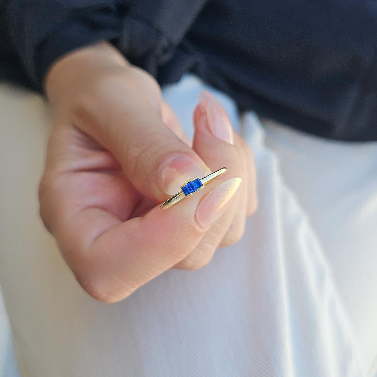 18K Gold Dainty Sapphire Baguette Ring - 2S52SAP