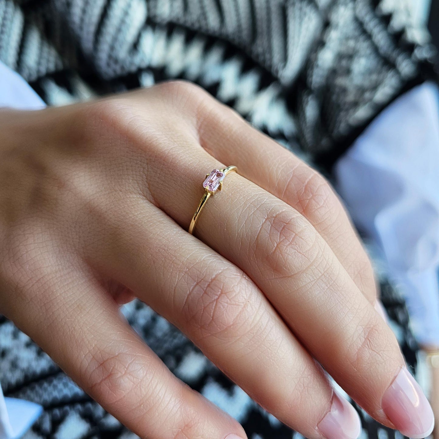 10K Gold Dainty Pink Topaz Baguette Ring - 2S56PNK
