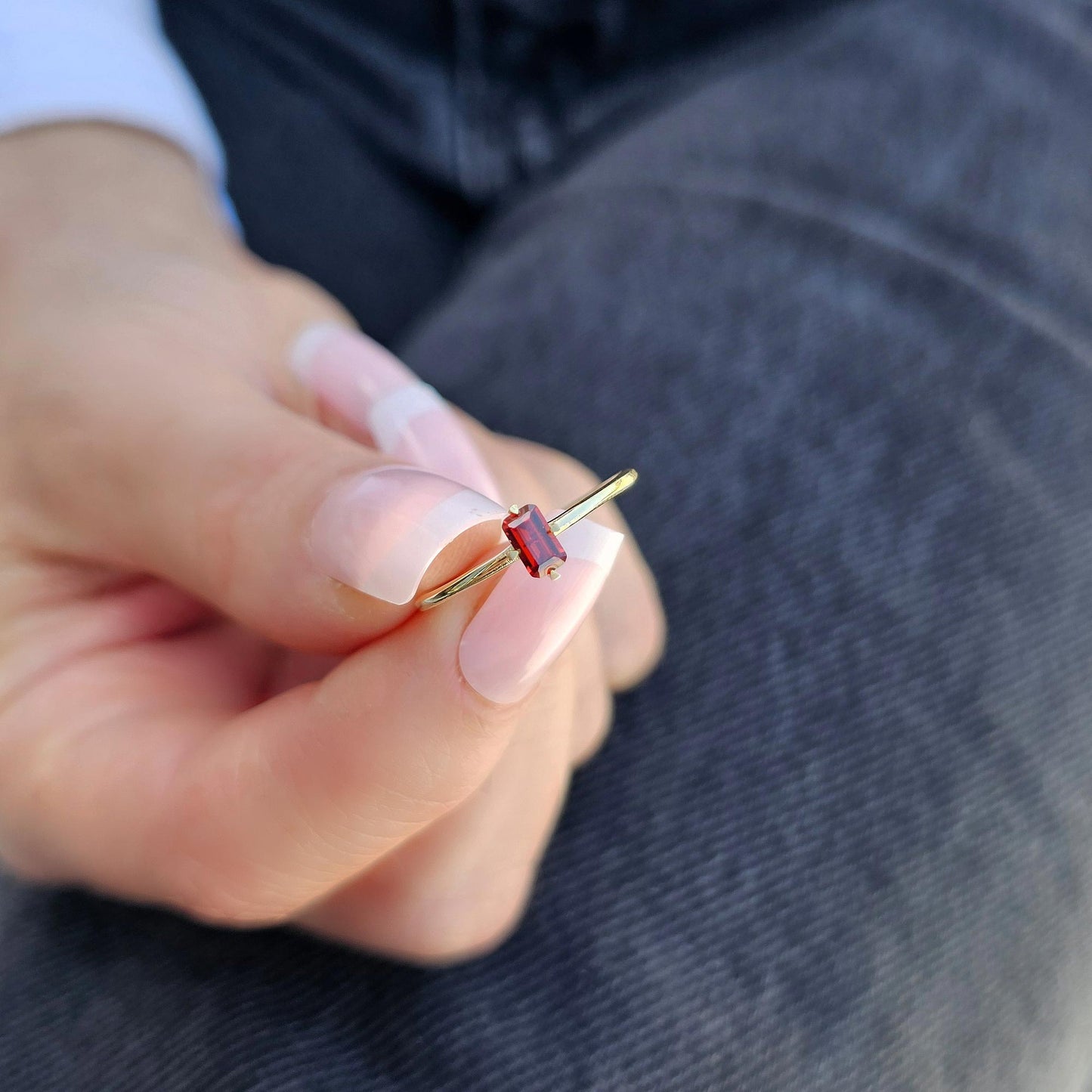 18K Gold Dainty Garnet Baguette Ring - 2S57GAR