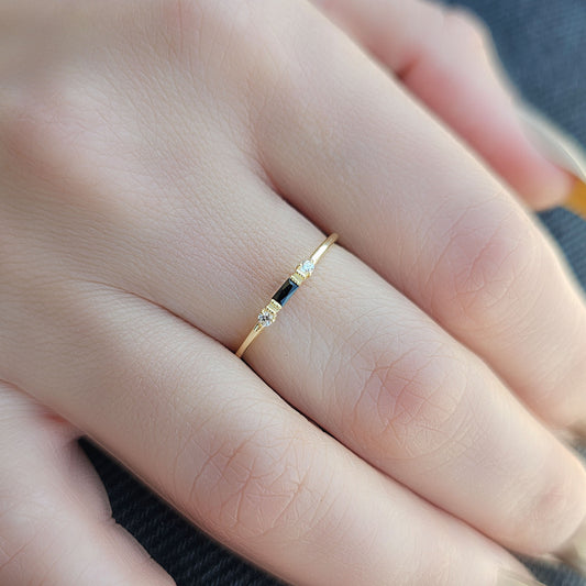14K Gold Minimalist Baguette Black Onyx and Diamond Ring - 2S6BLK