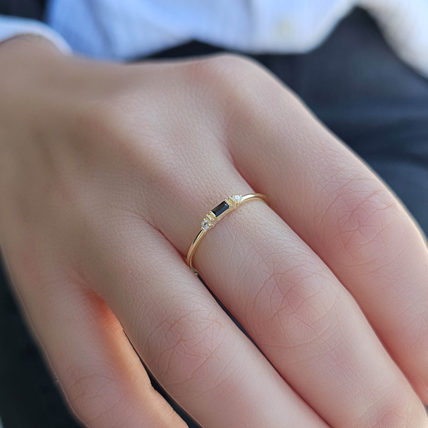 10K Gold Minimalist Baguette Black Onyx and Diamond Ring - 2S6BLK