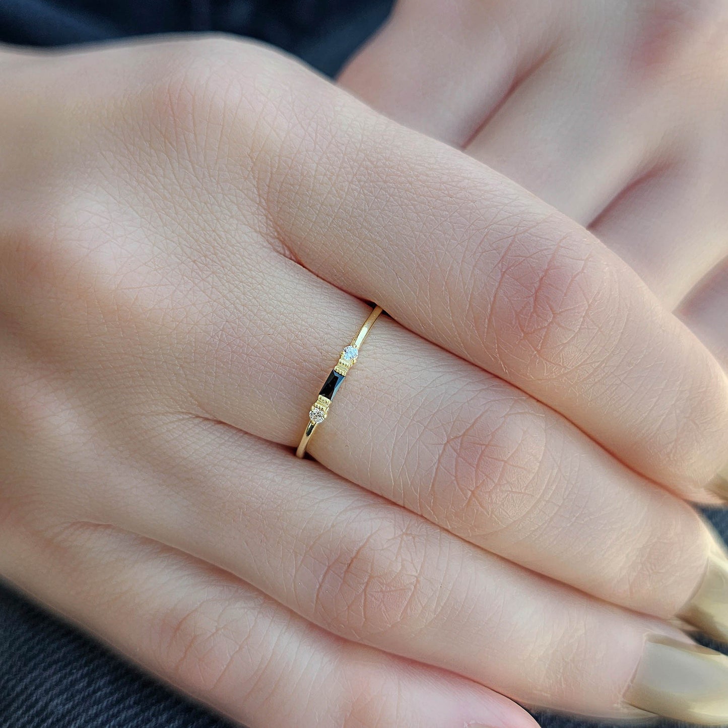 10K Gold Minimalist Baguette Black Onyx and Diamond Ring - 2S6BLK