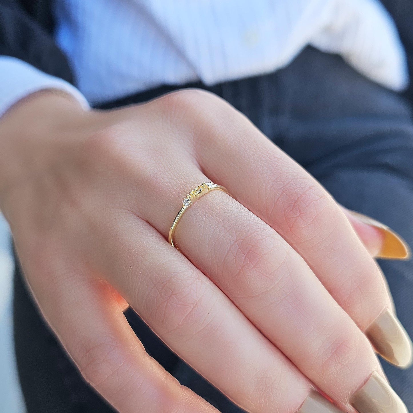 10K Gold Minimalist Baguette Citrine and Cz Ring - 2S6CIT
