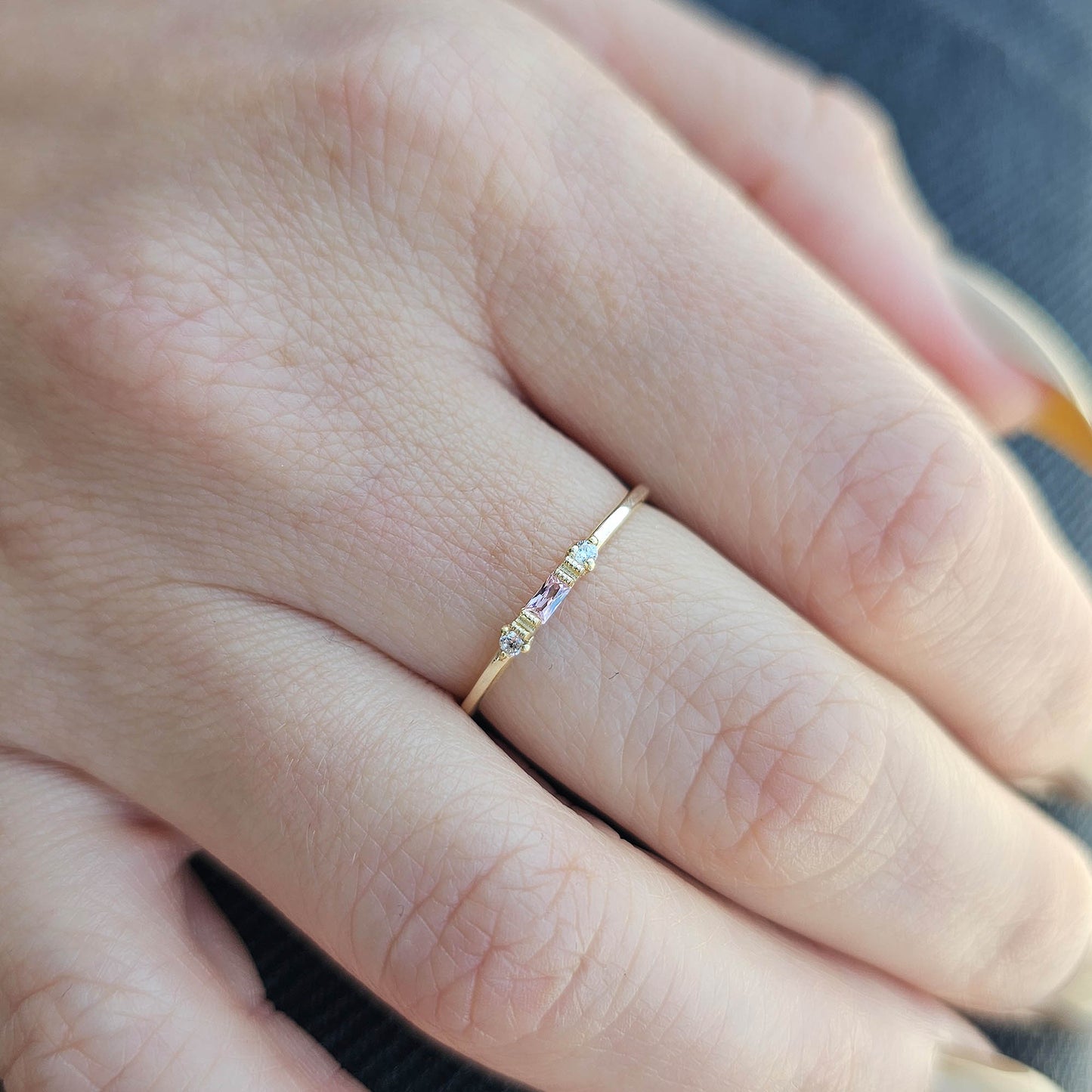 14K Gold Unique Baguette Pink and Diamond Ring - 2S6PNK